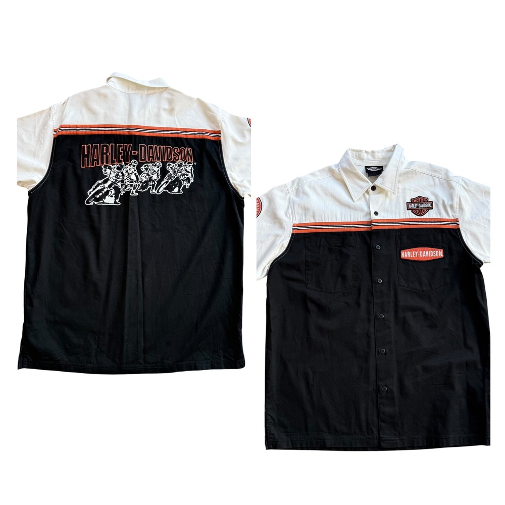 Harley‎ Davidson Mens Colorblock Work Shirt Black White Large 2006 Button Down